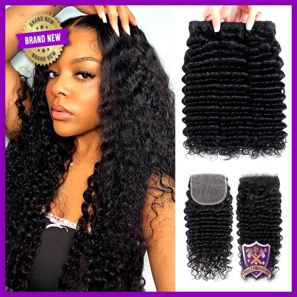 Deep Wave Human Hair Extensions with HD Lace Closure 100% Brazilian